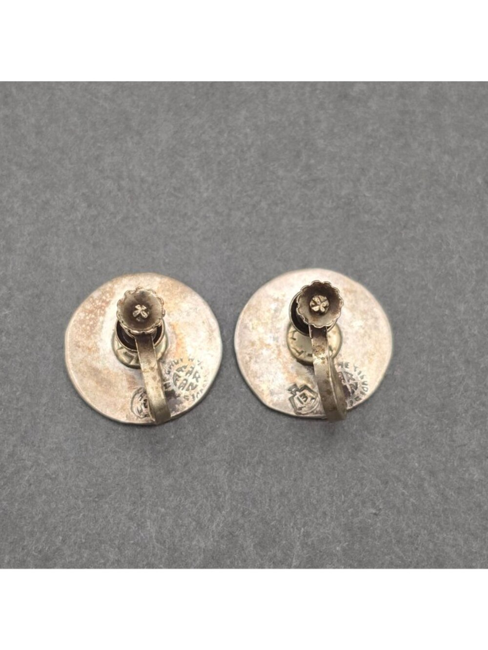 Vintage Taxco Far Fan Sterling Silver Aztec Sun Stone Earrings .75" Screw Back - Picture 6 of 10